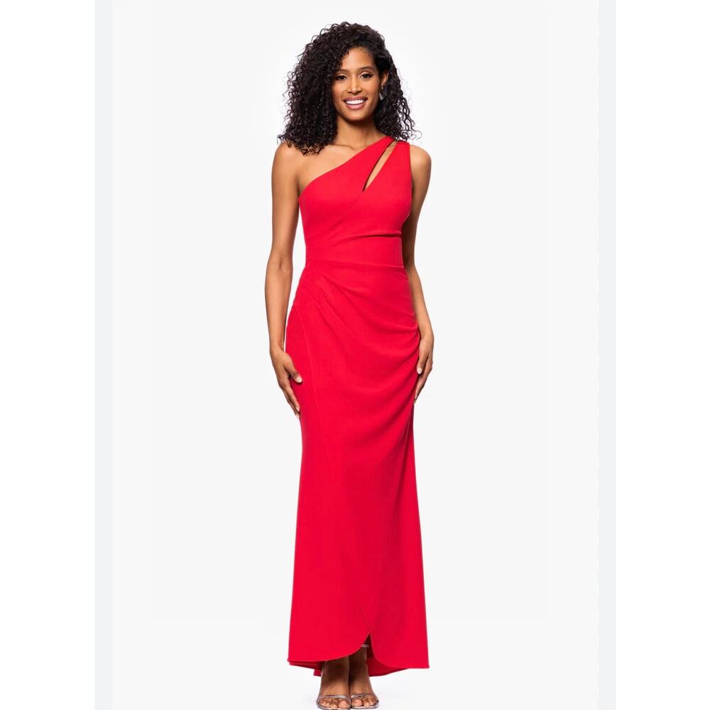 Betsy & Adam Red One-Shoulder Ruched Gown - Size 14